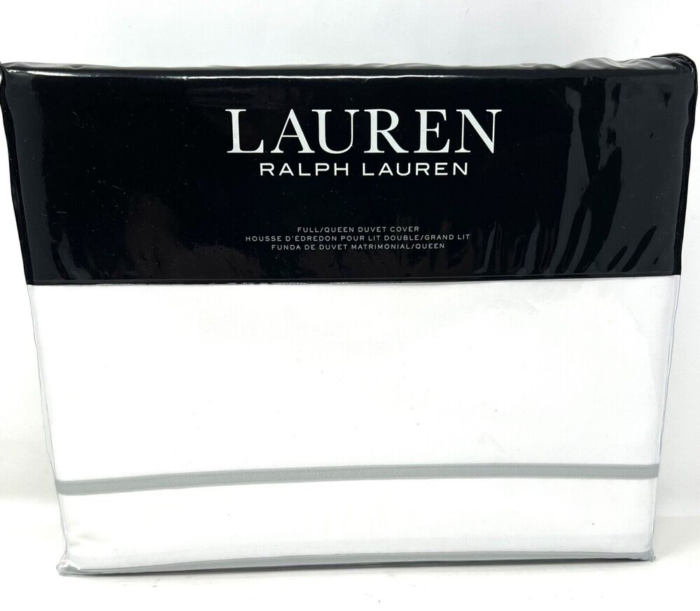 Ralph Lauren Full Queen Duvet Cover White Sage Green Spencer Border Sateen NIP